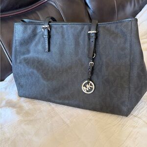Michael Kors Black Logo Tote with Silver MK Charm